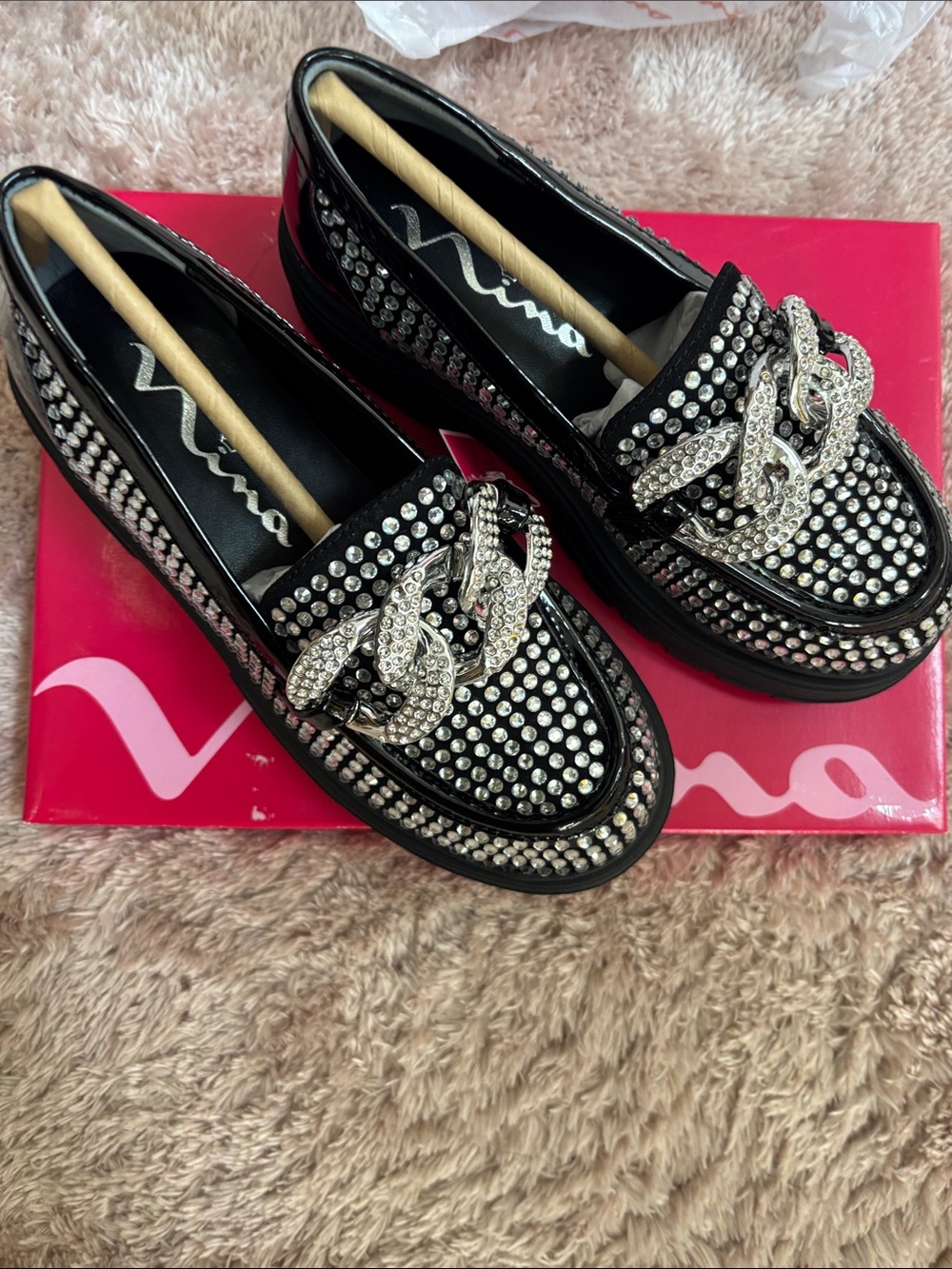 Nina Halina Black Crystal Chain-Embellished Loafers